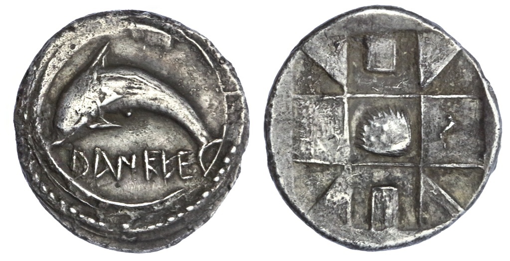 Sicily. Messana (as Zankle). AR Drachm, ca. 500-493 BC. 5.47 gms. Dolphin leaping left, DANKLE belo