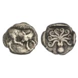 Euboia. Eretria. AR Drachm, ca. 500-465 BC. 3.35 gms. Cow standing right, scratching its head with