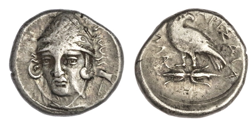 Thessaly. Larissa. AR Drachm, ca. 370-360 BC. 6.07 gms. A&#923;EY, head of Aleuas facing ¾ left, w