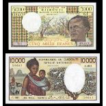Djibouti. Banque Nationale. 5,000 and 10,000 Francs. ND (1979, 1984). P-38a, 39a. Multicolor. Man a