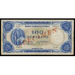 Somalia. Banca Nazionale Somala. 100 Scellini. 1962. P-4s. Specimen. Blue and red on orange and gre
