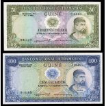 Portuguese Guinea. Banco Nacional Ultramarino - Guiné. 50 and 100 Escudos. 1971. P-44a, 45a. Olive-