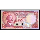 Jordan. Central Bank of Jordan. 5 Dinars. ND (1975-92). P-19s1. Specimen. No. AA000000-1. Red on mu