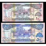 Somaliland. Baanka Somaliland. 100 and 500 Shillings. 1994. P-5as, 6as. No. AA000000-212, and 210.
