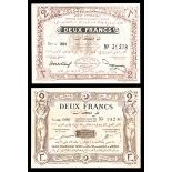 Tunisia. Regence de Tunis. Treasury issues. Pair of 2 Francs. 1918, 1921. P-34, 53. Brown. Arms sta