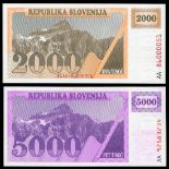 Slovenia. Republika Slovenija. 2,000 and 5,000 Tolarjev. (1991, 1992). P-9A, 10a. Pedimented beehiv