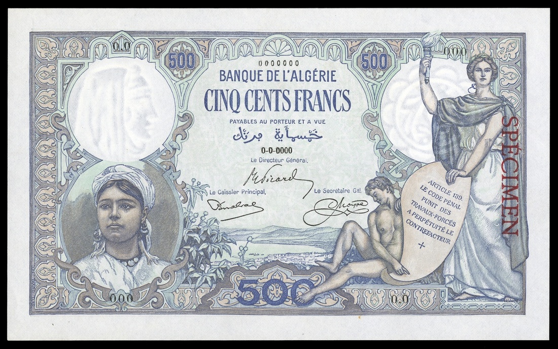 Algeria. Banque de l'Algérie. 500 Francs. ND (1926). P-82s. Specimen. No. O.O - 000. Pale green, bl