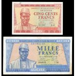 Guinea. Banque de la République de Guinée. 500 and 1000 Francs. 1958. P-8, 9. Sekou Toure at left.