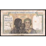 French West Africa. Banque de l'Afrique Occidentale. 1000 Francs. 21 Oct. 1937. P-24. France facin