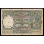 Pakistan. 1948 Provisional Issue. 100 Rupees. P-3A. No. B/55 573192. Dark green and lilac. "GOVERNM