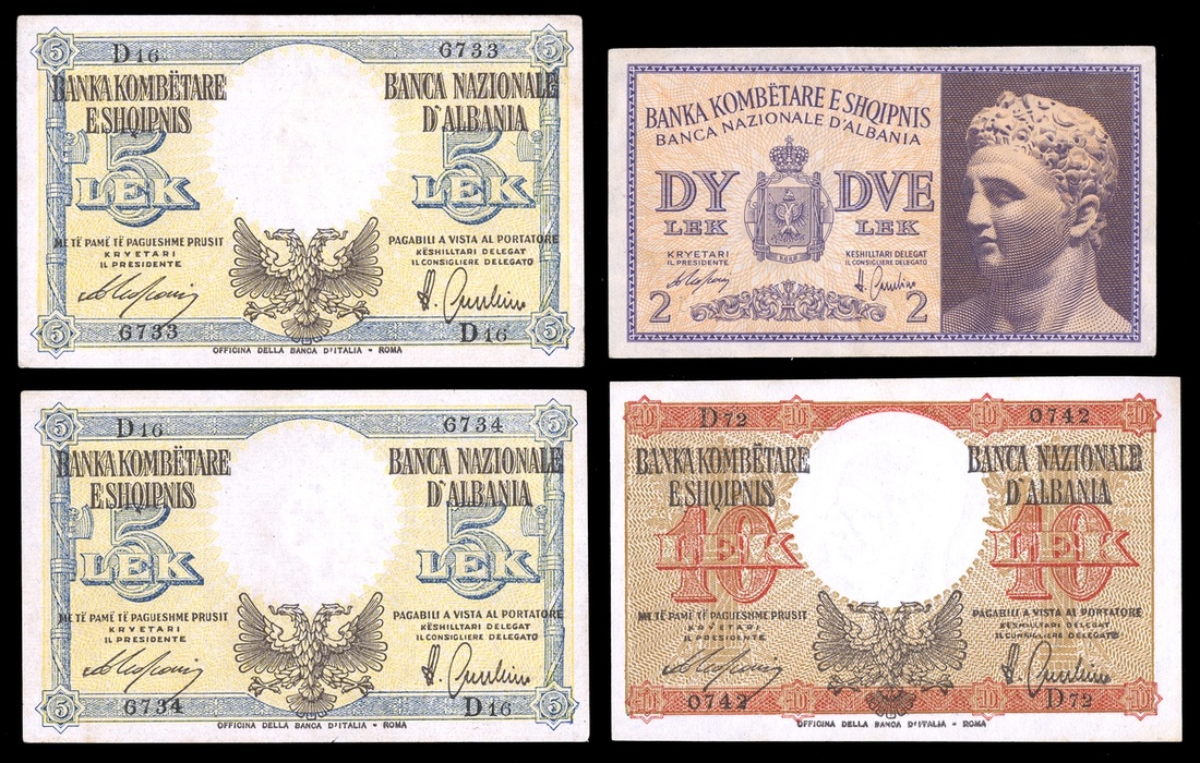 Albania. Italian Occupation. Banka Kombëtare e Shqipnis - Banca Nazionale d'Albania. 2, 5 (2) and 1