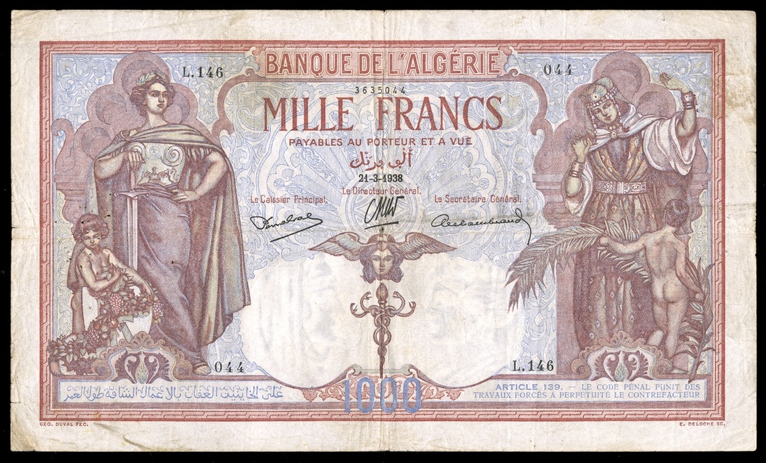 Algeria. Banque de l'Algérie. 1000 Francs. 21 March 1938. P-83. No. L.146-044. Brown-violet and sla