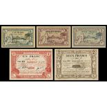 Tunisia. Regence de Tunis. Treasury issues. 1 Franc and 2 Francs. 1921. P-52, 53. Red, Brown. Arms