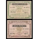 Tunisia. Regence de Tunis. Treasury issues. 50 Centimes and 2 Francs. Nov. 4, 1918; April 27, 1918.