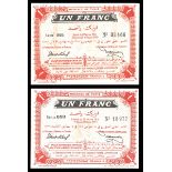 Tunisia. Regence de Tunis. Treasury issues. Pair of 1 Francs. 1918, 1919. P-33b, 46a. Red. The firs
