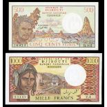 Djibouti. Banque Nationale. Varieties group of 500 and 1,000 Francs. 1979-1991. P-36a, b, 37a, b, c