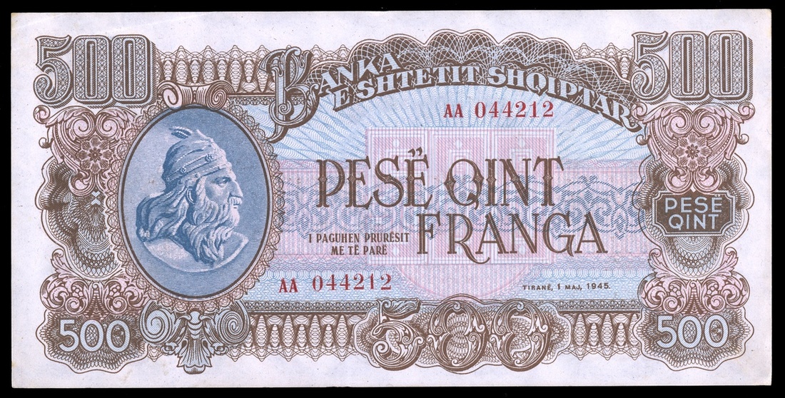 Albania. Peoples Republic. Banka e Shtetit Shqiptar. 500 Franga Ari. 1945. P-18. Brown, blue, pink