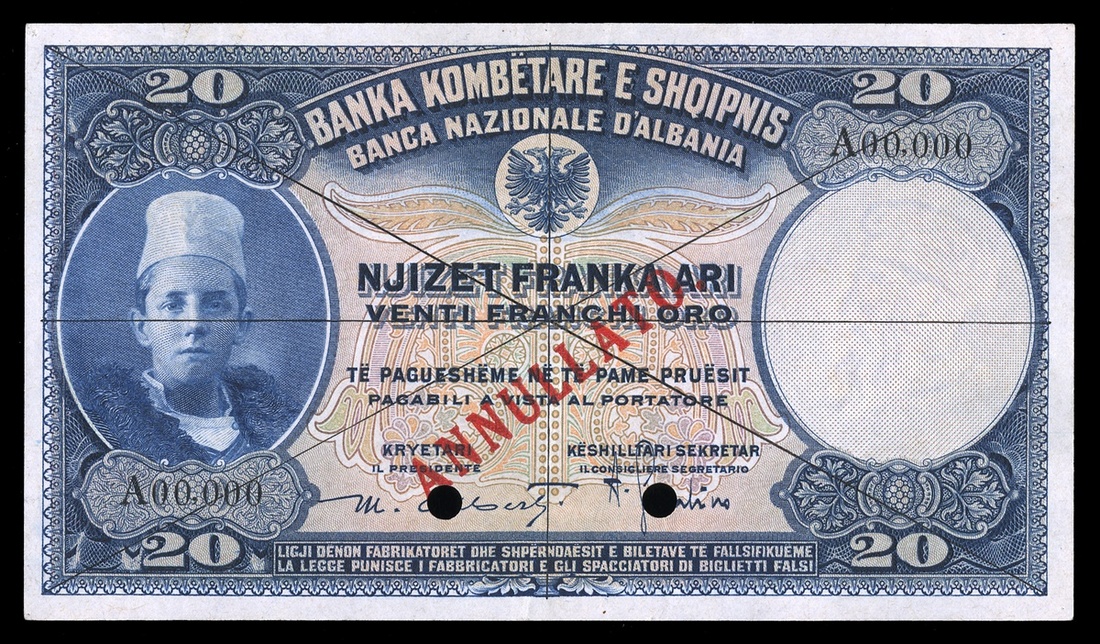 Albania. Banka Kombëtare e Shqipnis - Banca Nazionale d'Albania. 20 Franka Ari. ND (1926). P-3s. Sp