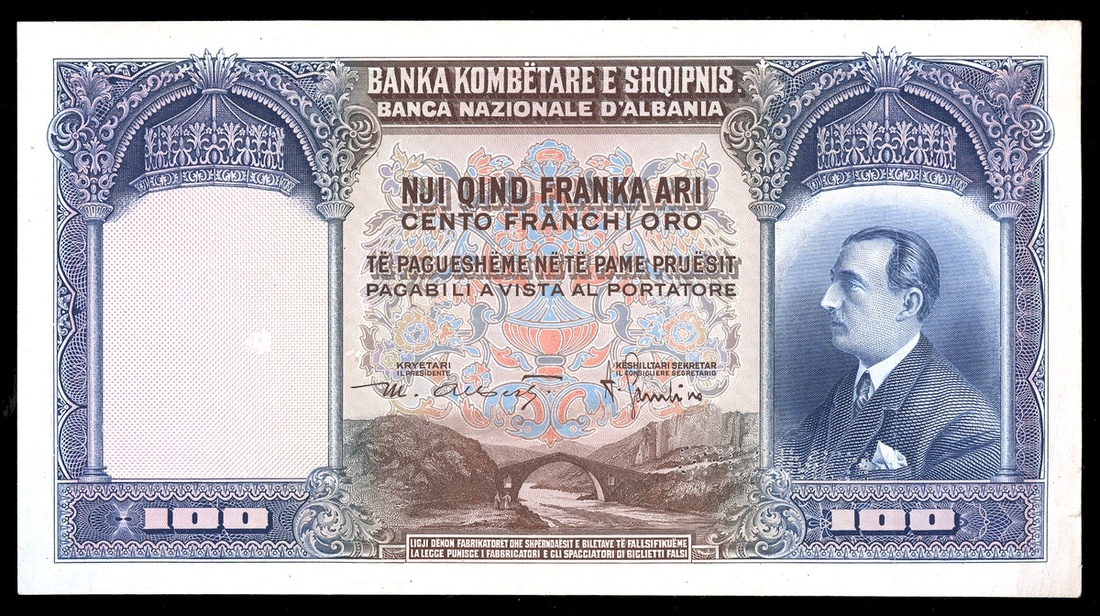 Albania. Banka Kombëtare e Shqipnis - Banca Nazionale d'Albania. 100 Franka Ari. ND (1926). P-4ctp.