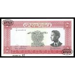 Jordan. Currency Board. 5 Dinars. Law of 1949 (1952 Issue). P-7as. Specimen. No. B/B 000000-65. Red