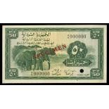 Sudan. Currency Board. 50 Piastres. 1956. P-2Bs. Specimen. No. A A 000000. Two elephants at left; C