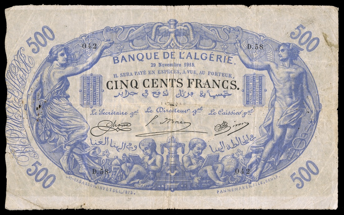Algeria. Banque de l'Algérie. 500 Francs. 29 November 1918. P-75b. Blue. Fortuna at left, Mercury r