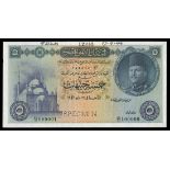 Egypt. Kingdom. National Bank. 5 Pounds. 13 May 1946. P-25as. Specimen. No. AB/10 000001-12345. Blu