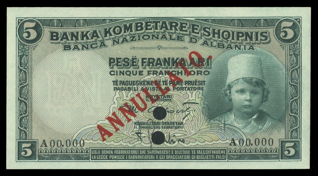 Albania. Banka Kombëtare e Shqipnis - Banca Nazionale d'Albania. 5 Franka Ari. ND (1926). P-2s. Spe