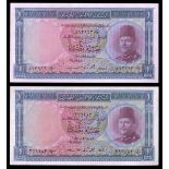 Egypt. Kingdom. National Bank. Pair of 1 Pound. P-24b. 19 and 22 May 1951.Blue and lilac. King Faro