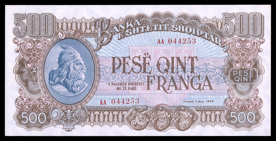 Albania. Peoples Republic. Banka e Shtetit Shqiptar. 500 Franga Ari. 1945. P-18. Brown, blue, pink