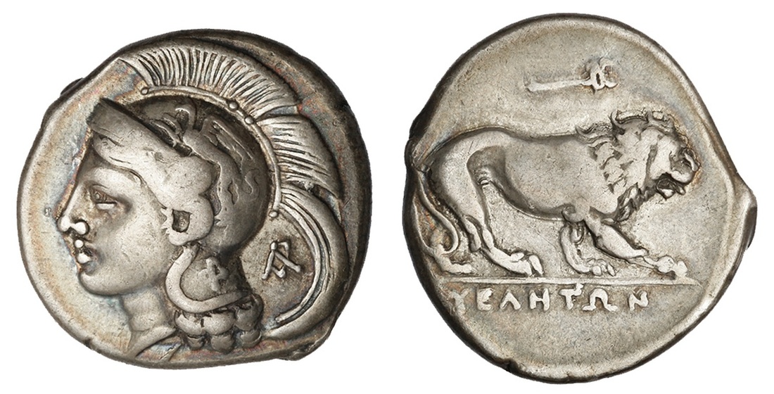 Lucania. Velia. AR Didrachm, ca. 280 BC. 7.41 gms. Head of Athena left wearing helmet adorned with