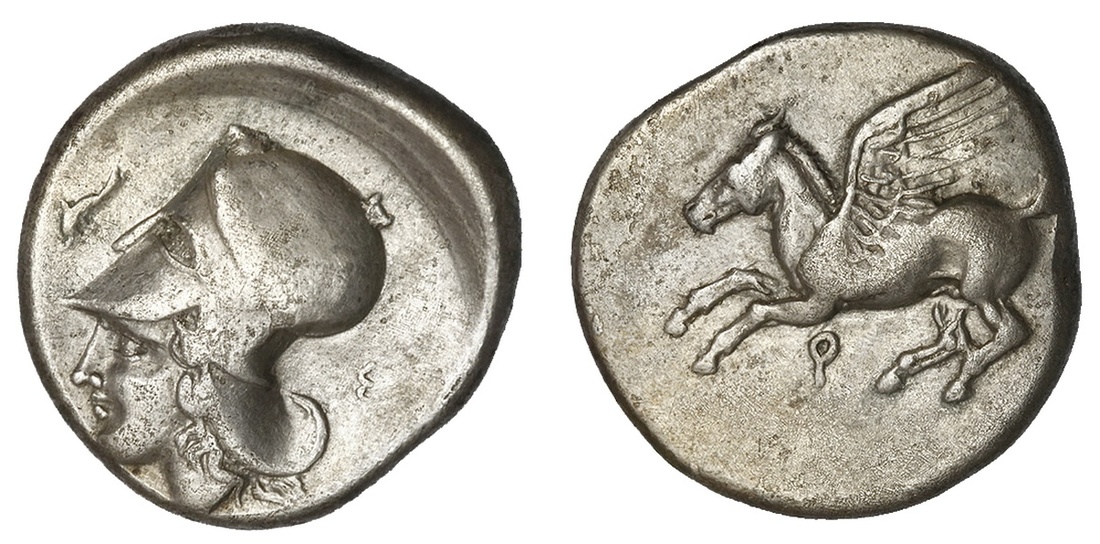 Corinth. AR Stater, ca. 400-370 BC. 8.36 gms. Pegasos flying left, koppa below, rev. Athena head le