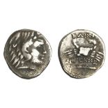 Islands off Caria. Kos. AR Hemidrachm, ca. 190-167 BC. 1.23 gms. Magistrate: Theugenes. Head of Her