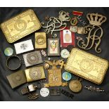 Mixed Militaria Lot. Two Christmas 1914 Mary Boxes, two large metal German Insignia with crown mono