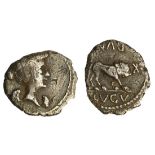 Roman Imperatorial. The Triumvirs. Fulvia, first wife of Mark Antony. AR Quinarius, 43 BC. Lugdunum