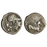 Akarnania. Leukas. AR Stater, ca. 320-380 BC. 8.27 gms. Pegasos flying right, ? below, rev. Helmete