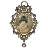 Portrait Miniature of a 16th Century Gentleman. European, 19th Century. In a gold-washed oval set i