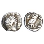 Athens. AR Obol, ca. 454-404 BC. 0.66 gms. Helmeted head of Athena right, rev. A?E, owl standing ri