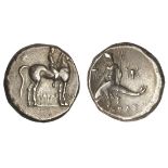 Calabria. Tarentum. AR Stater (Didrachm), ca. 272-240 BC. 6.47 gms. Youth on horseback right, ?(I)
