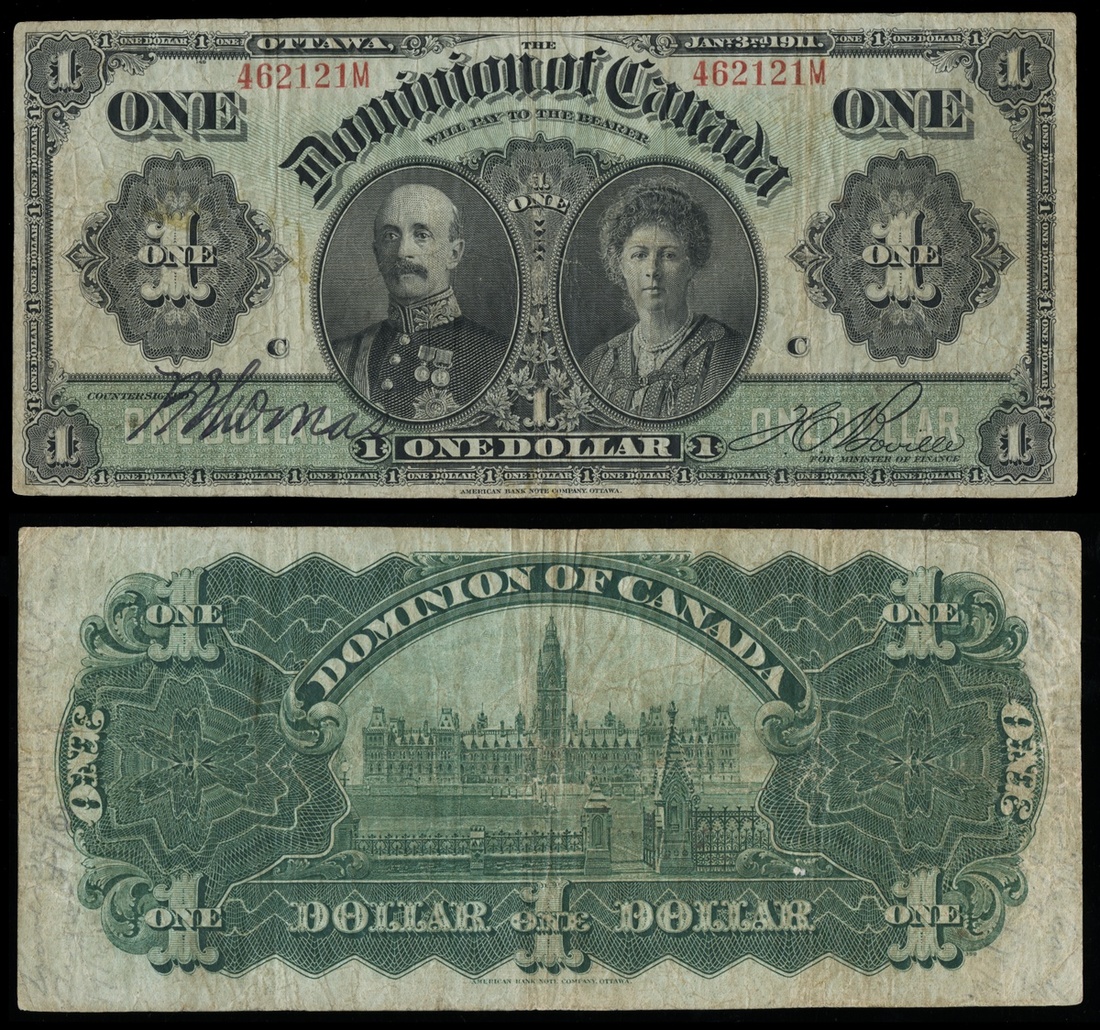 Canada. Dominion of Canada. $1. January 3, 1911. P-27b. Black on green. Earl and Countess Grey. Bla