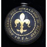 Spain. In Memory of the Bombardment of Bilbao, 1874. Pinback uniface badge. Silver and gilt, 35mm.