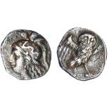 Calabria. Tarentum. AR Drachm, 281-272 BC. 3.06 gms. Helmeted head of Athena left, rev. Owl standin