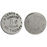 Danish West Indies. A. Vance & Co. St. Thomas. 5 Cent Token. German Silver. Uniface. Sieg 62, C...