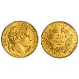 1851A France Gold 20 Francs. AU Details. Harshly Cleaned. 4491480-026.