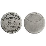 Danish West Indies. A. Vance & Co. St. Thomas. 5 Cent Token. Error. German Silver. Uniface. Sie...