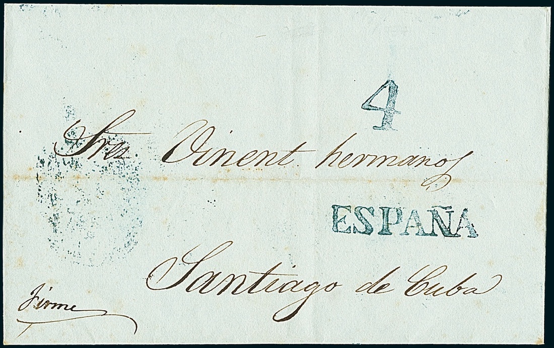 CubaIncoming Mail1852, Dec. 4. Folded cover from Santander (Spain) to Santiago, bearing, on arrival,
