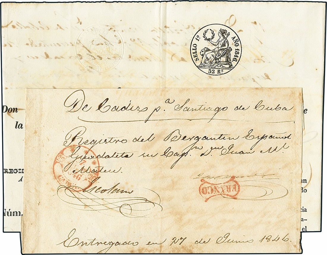 CubaIncoming Mail1846, June 27. Ship's register envelope with its corresponding content (the ship'