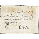 ChileIncoming Mail1790 circa. Cover front from Madrid, bearing the Royal black cachet to indicate