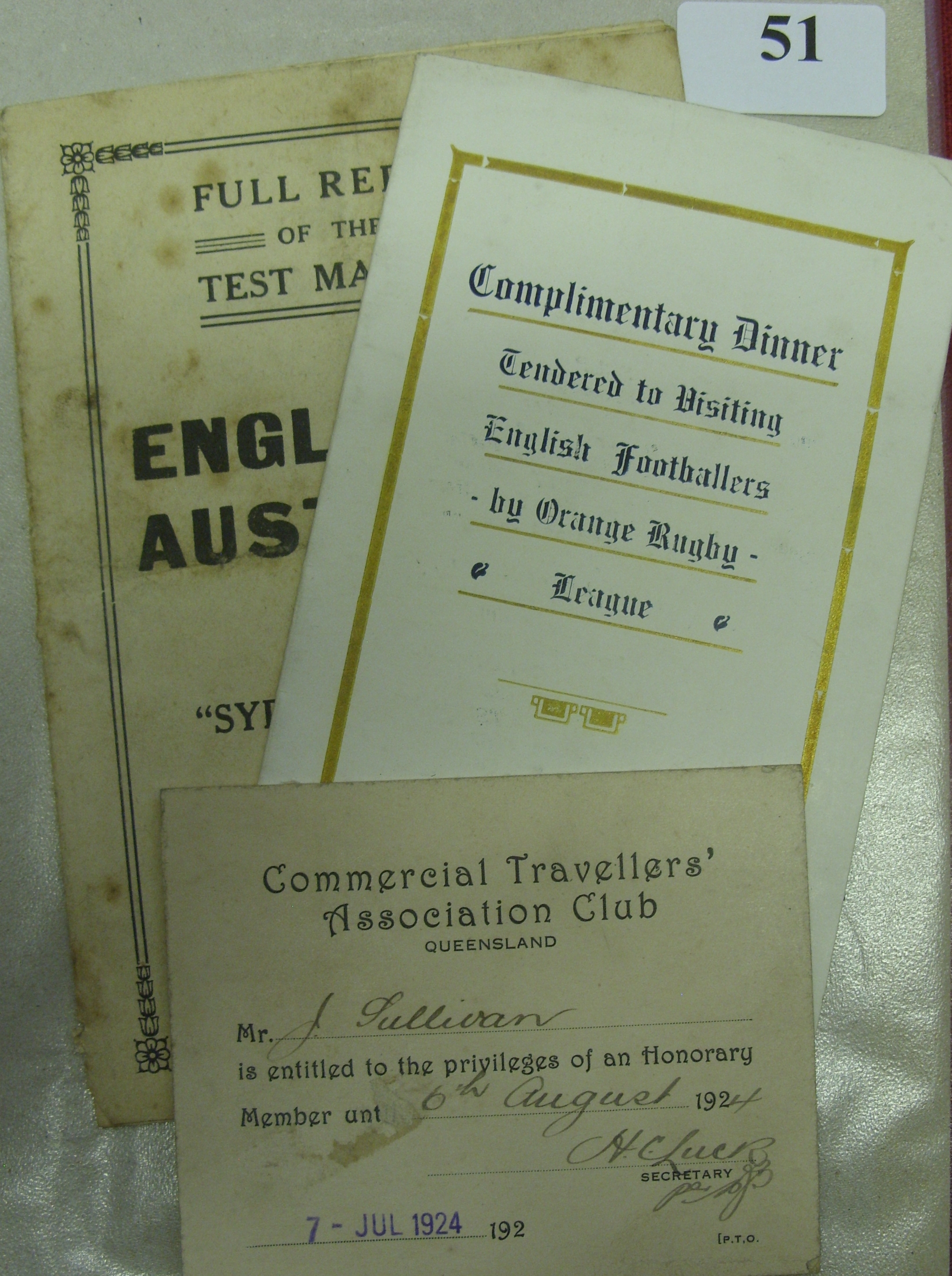 1924 Rugby League, a collection of three items, a booklet, England v Australia, a report of three te