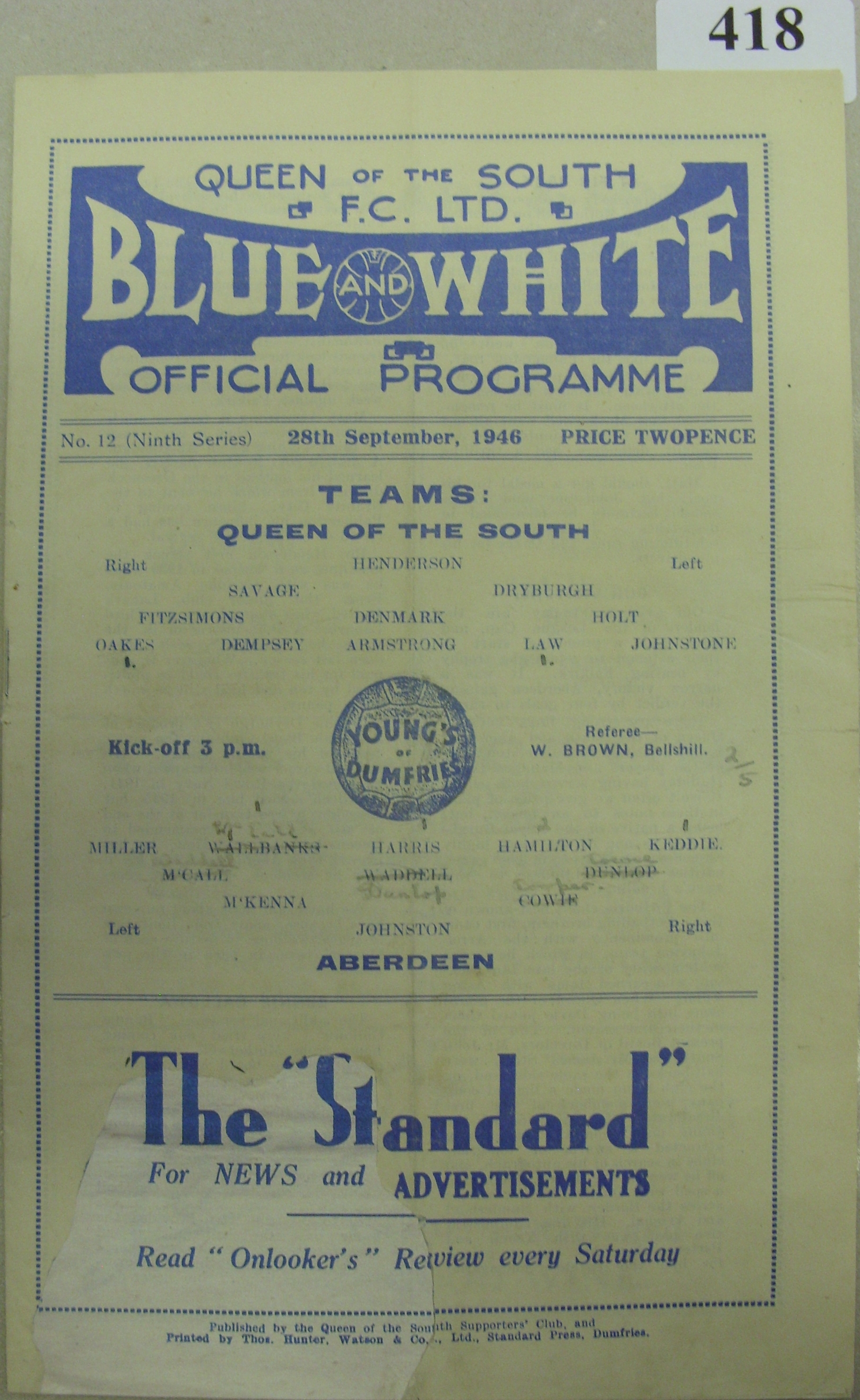 1946/47 Queen Of The South v Aberdeen, a programme from the game played on 28/09/1946, professionall